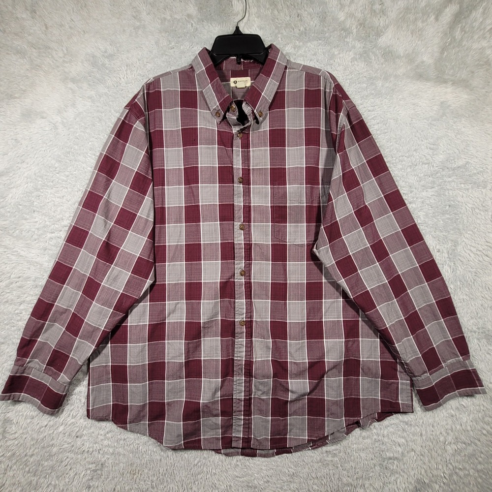 Haggar Clothing Mens Plaid Long Sleeve Button Down Shirt XXL‎ Burgundy Grey *